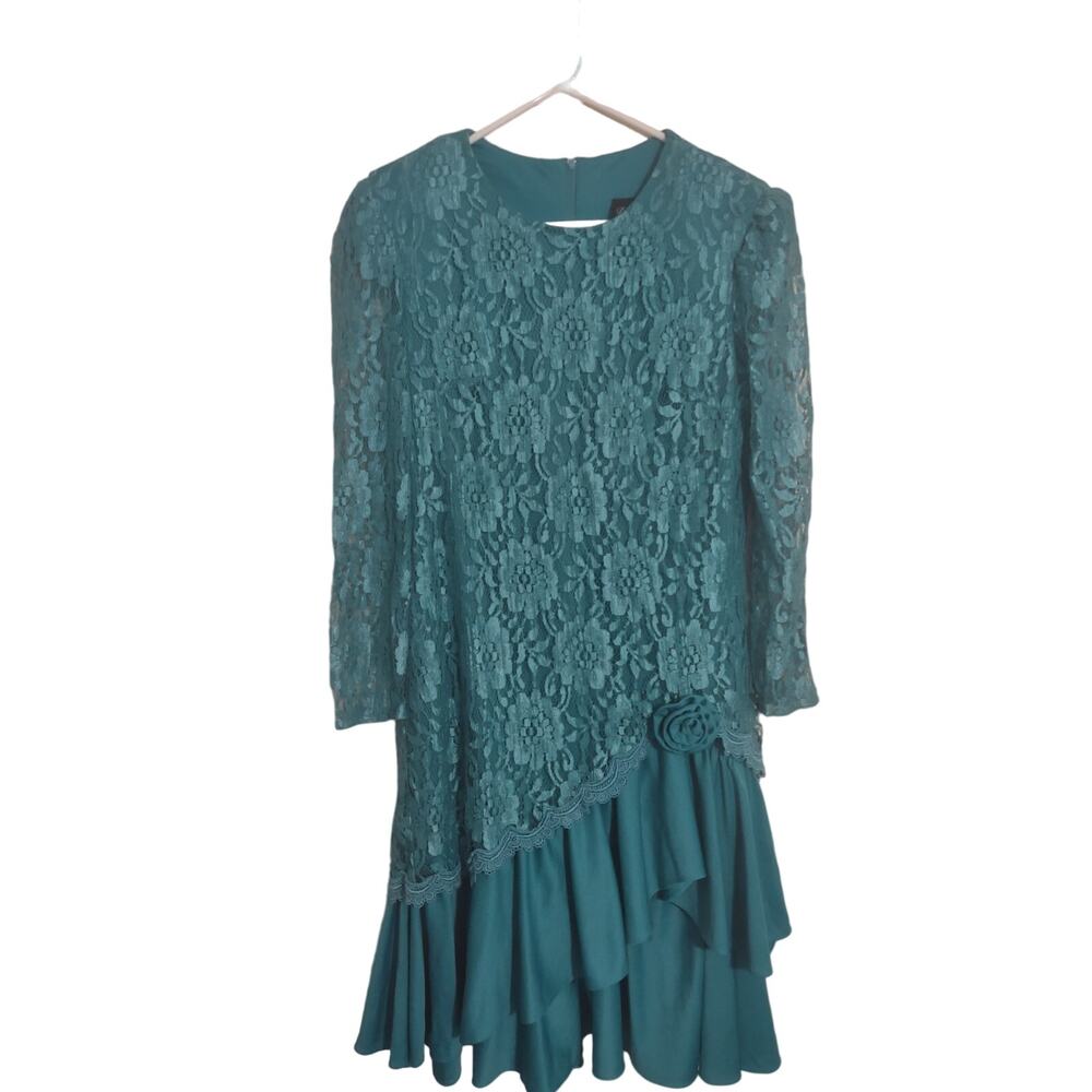 David Rose Vintage teal lace dress Drop waist 1980's Size‎ Small